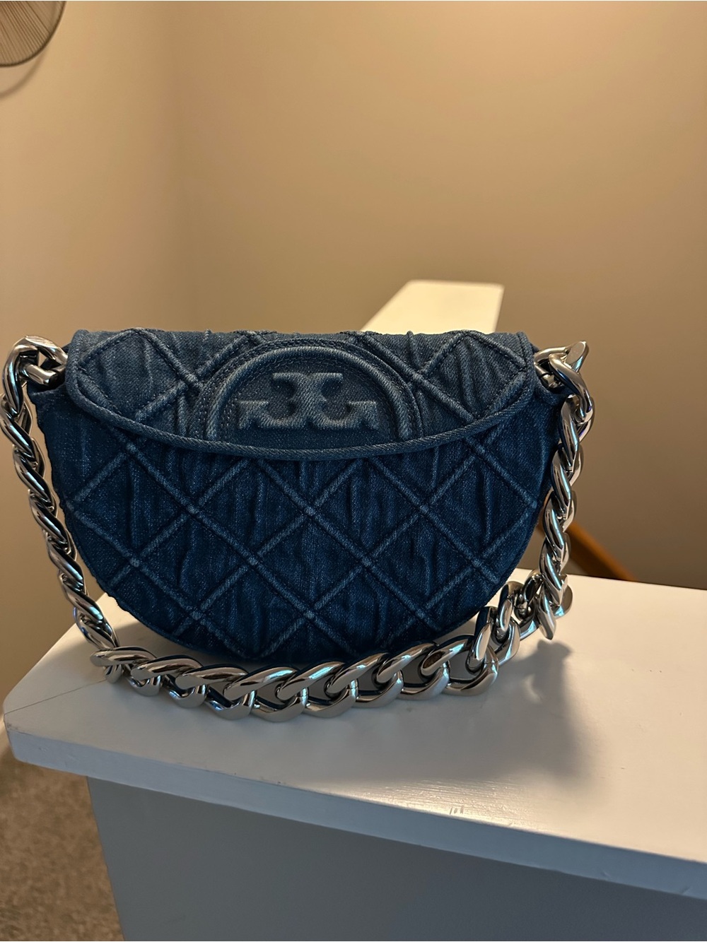 Tory Burch Quilted Denim Crossbody Bag with Chunky Chain